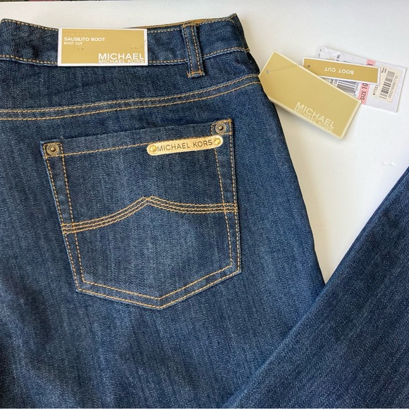 Michael Kors Sausilito Boot Cut Gold Jeans 10 Gold Dark Blue Premiere Indigo New - Picture 1 of 6